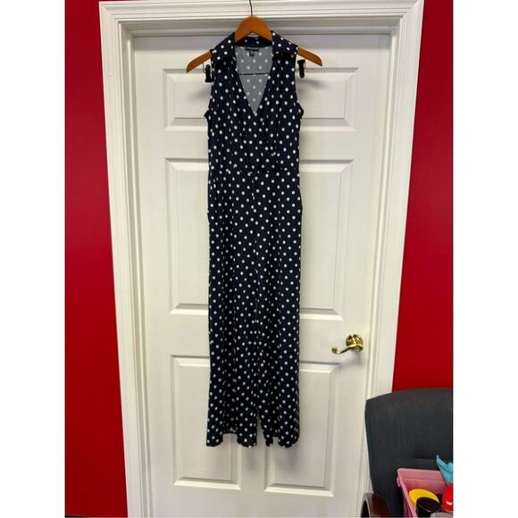 Nina Leonard Pants - Nina Leonard Navy Polka Dot Sleeveless Collared Jumpsuit Sz S